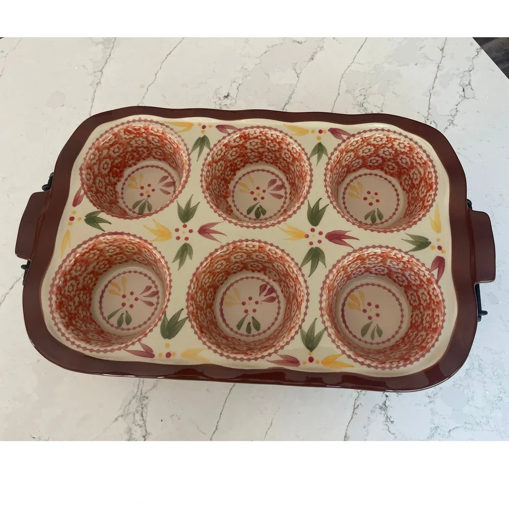 Temp-tations Old World Texas Muffin Pan 6 Cup Ceramic Baker with Wire Rack Brown